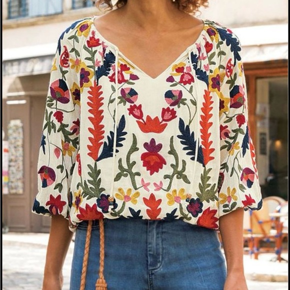 Soft Surroundings Tops - Soft Surroundings Banjara Boho Floral Embroidery Top